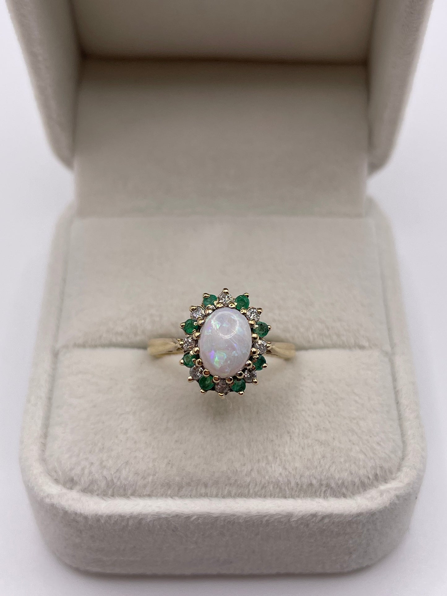 9ct gold opal, emerald and diamond ring