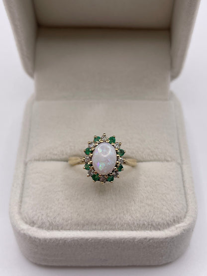 9ct gold opal, emerald and diamond ring