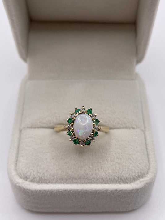 9ct gold opal, emerald and diamond ring