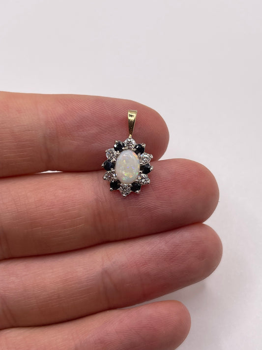 9ct gold opal, sapphire and cz pendant