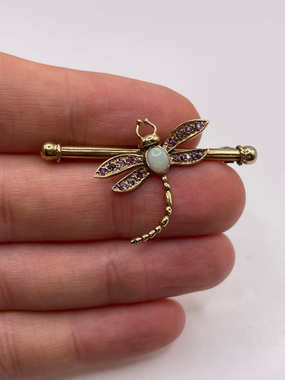 9ct gold opal and amethyst dragonfly brooch