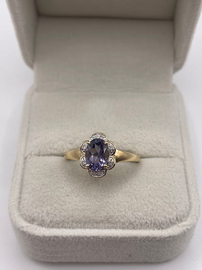 9ct gold iolite and diamond ring