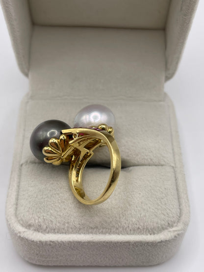 18ct gold pearl, ruby and diamond ring