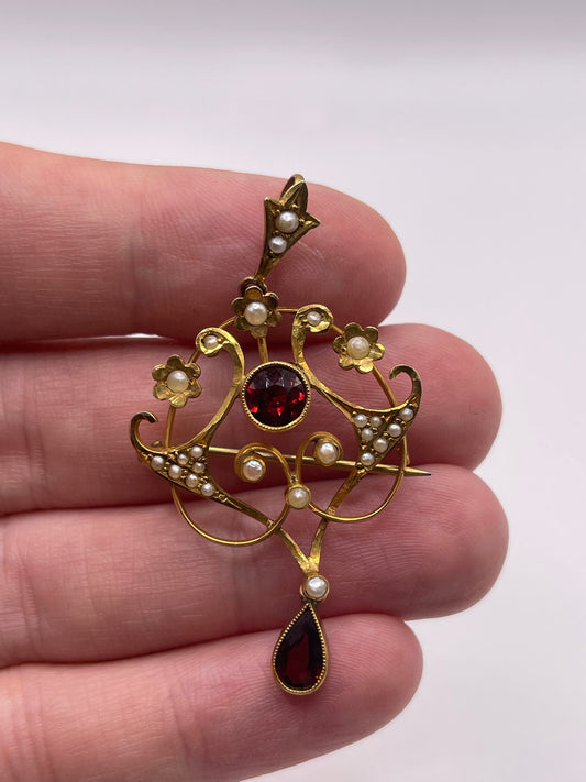 Antique 9ct gold garnet and pearl pendant / brooch