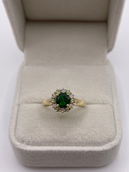 9ct gold diopside, peridot and opal ring