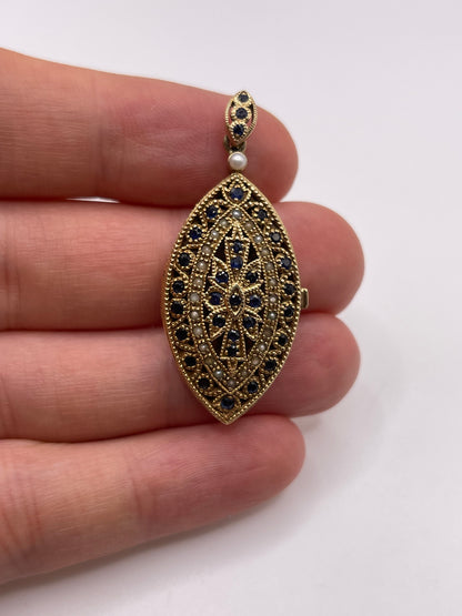 9ct gold sapphire and pearl locket pendant