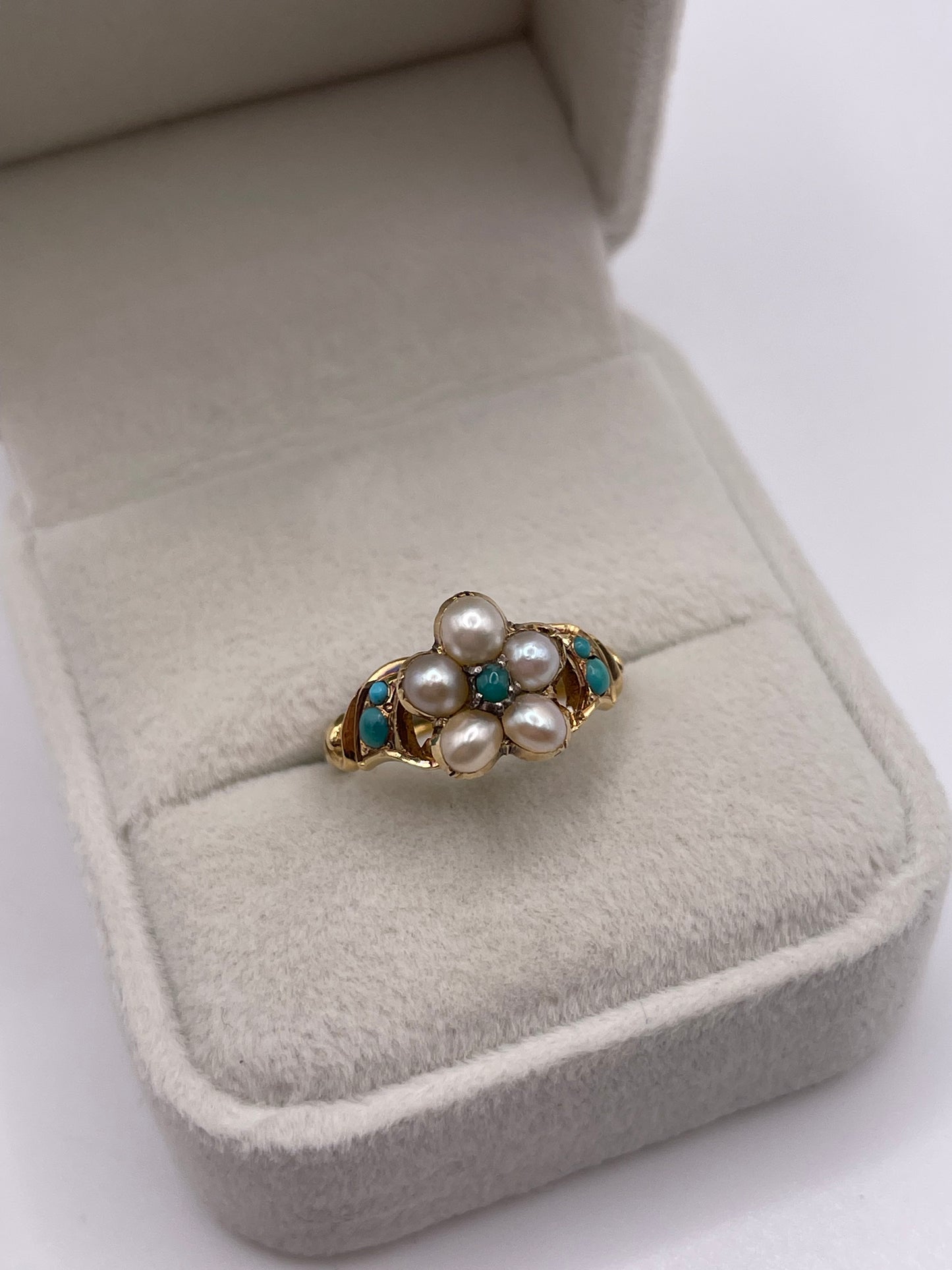 Antique 18ct gold pearl and turquoise locket back ring