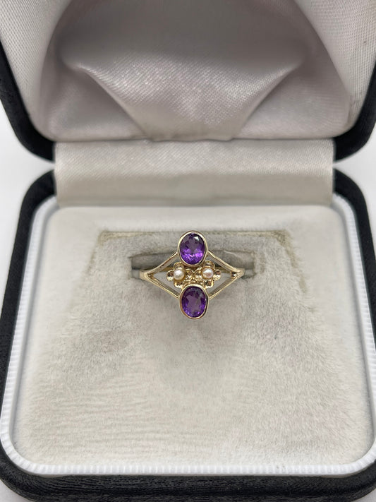 9ct gold amethyst and pearl ring