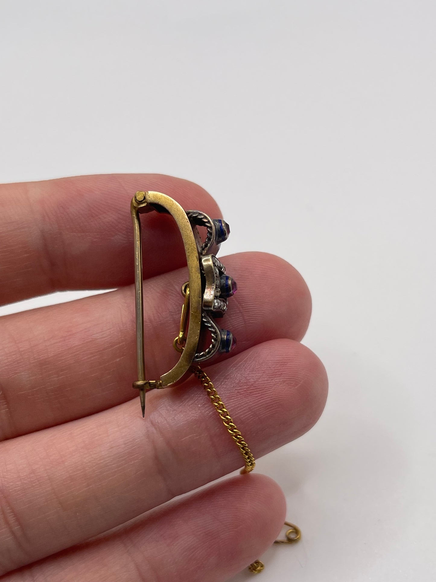 Antique 15ct gold enamel, ruby and diamond brooch