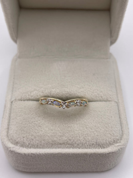 9ct gold opal and diamond wishbone ring