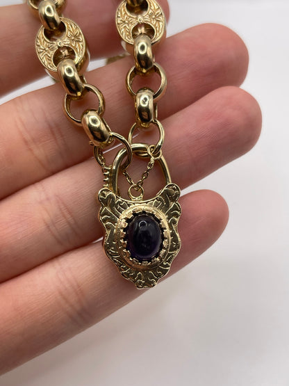 9ct gold cabochon amethyst padlock bracelet