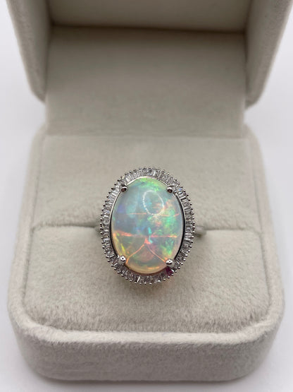 Platinum opal and diamond ring