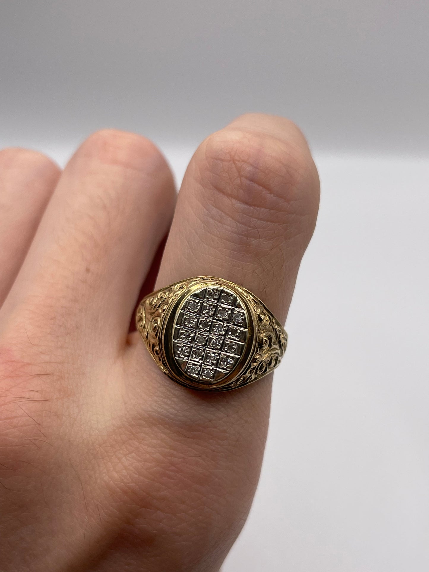 Heavy 9ct gold diamond signet ring