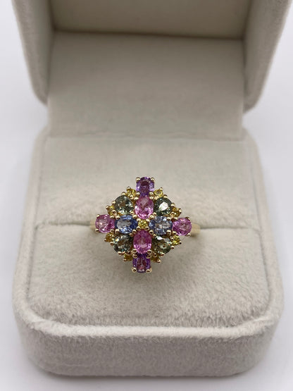 9ct gold multi coloured sapphire cluster ring