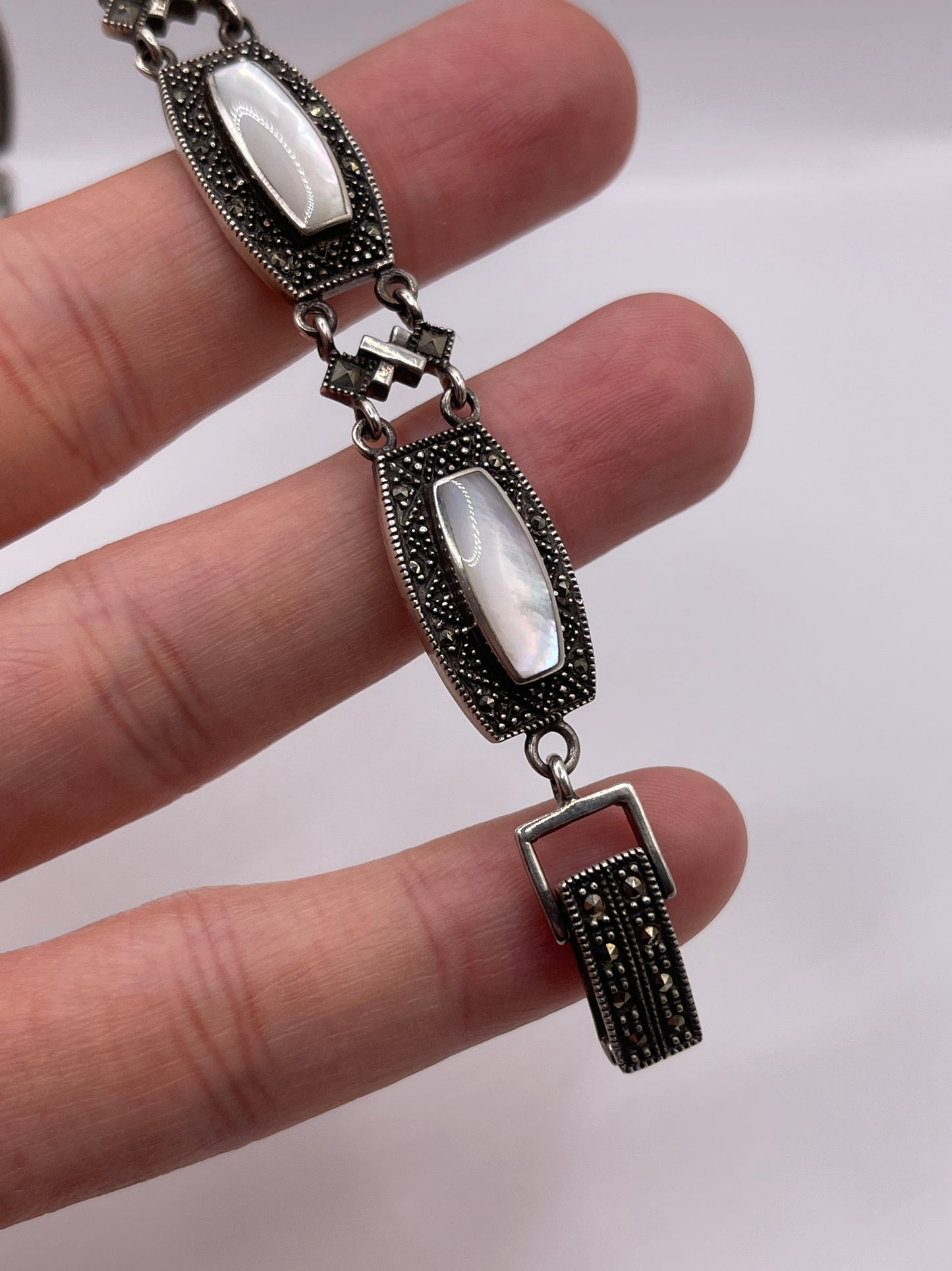 Silver mother of pearl and marcasite bracelet