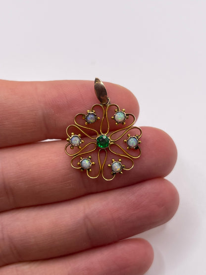 Antique 9ct rose gold emerald paste and opal pendant