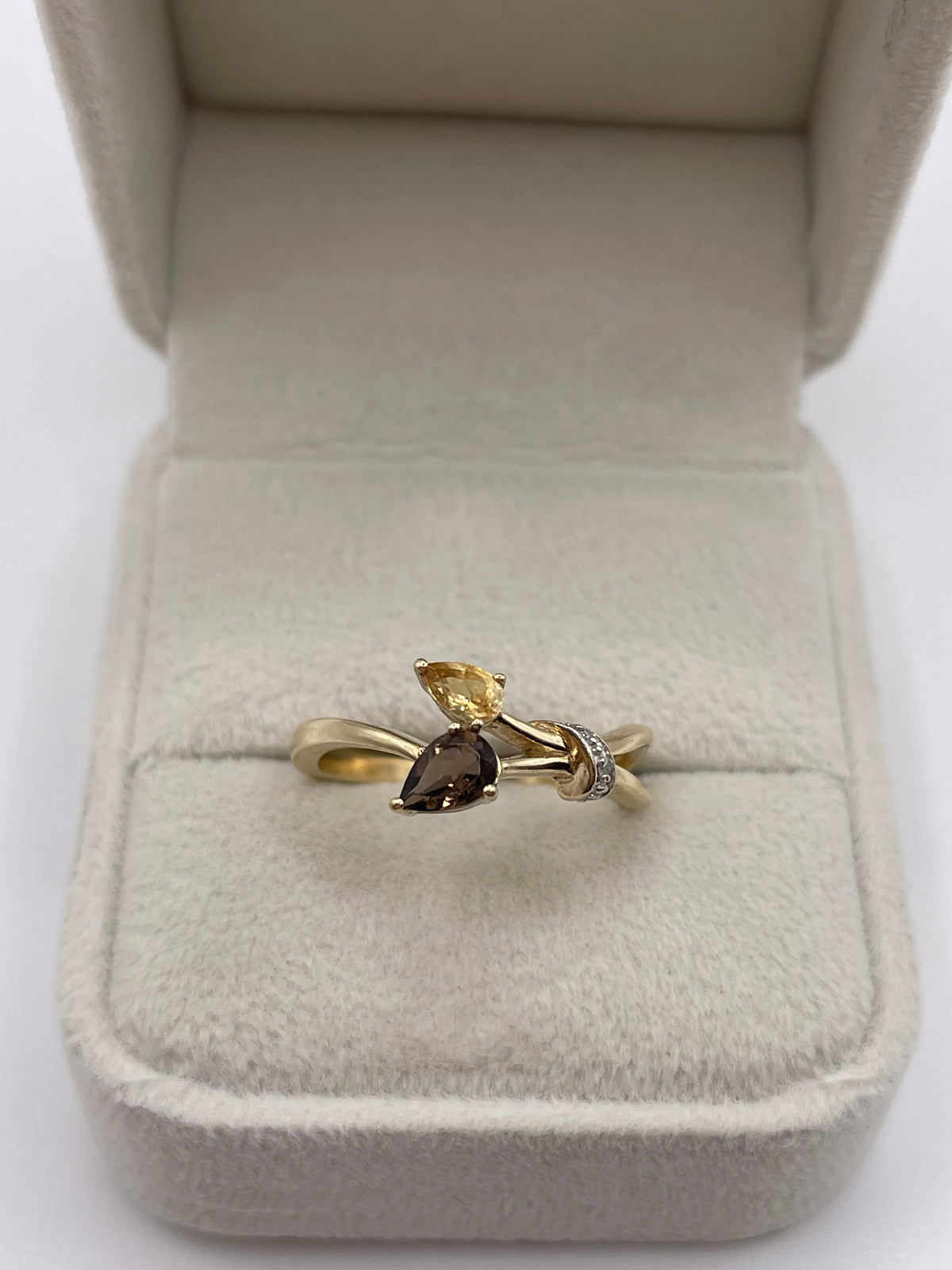 9ct gold Smokey quartz, citrine and diamond ring