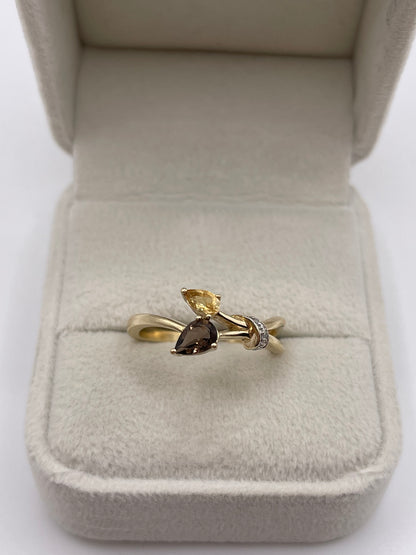 9ct gold Smokey quartz, citrine and diamond ring