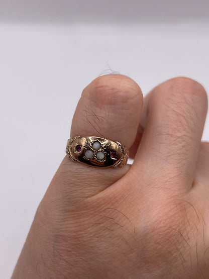 Antique 9ct rose gold garnet and pearl ring