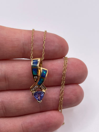 14ct gold tanzanite, opal and diamond necklace