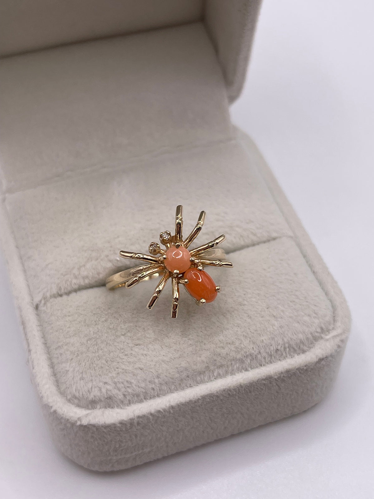 9ct gold coral and diamond spider ring