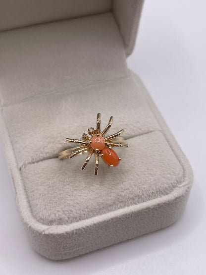 9ct gold coral and diamond spider ring
