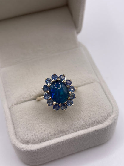 9ct gold opal triplet and sapphire ring