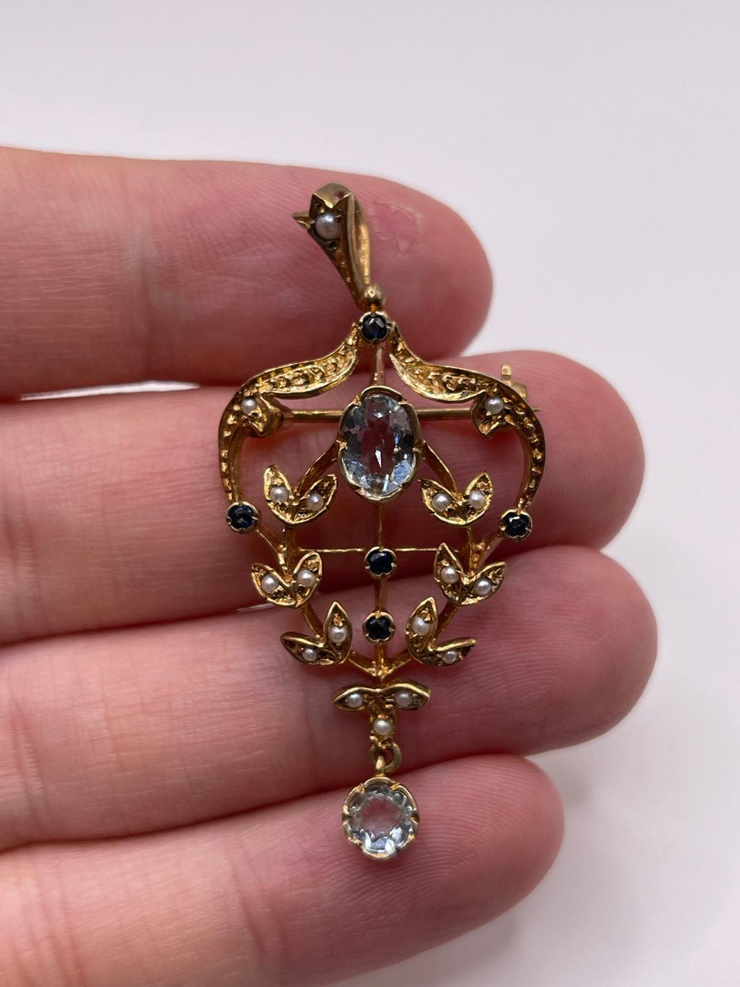 9ct gold topaz, sapphire and pearl brooch/pendant