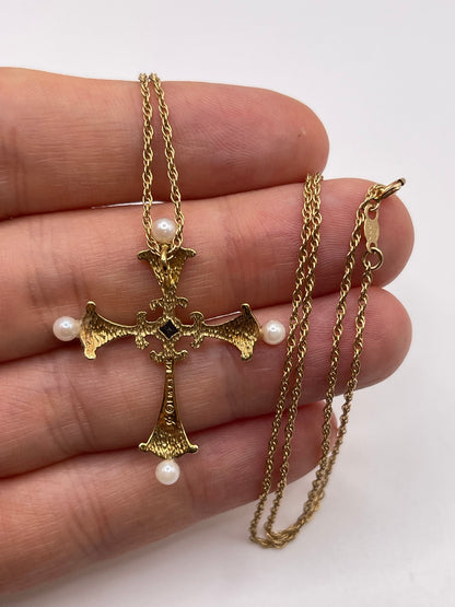 14ct gold enamel, pearl, sapphire and diamond cross necklace