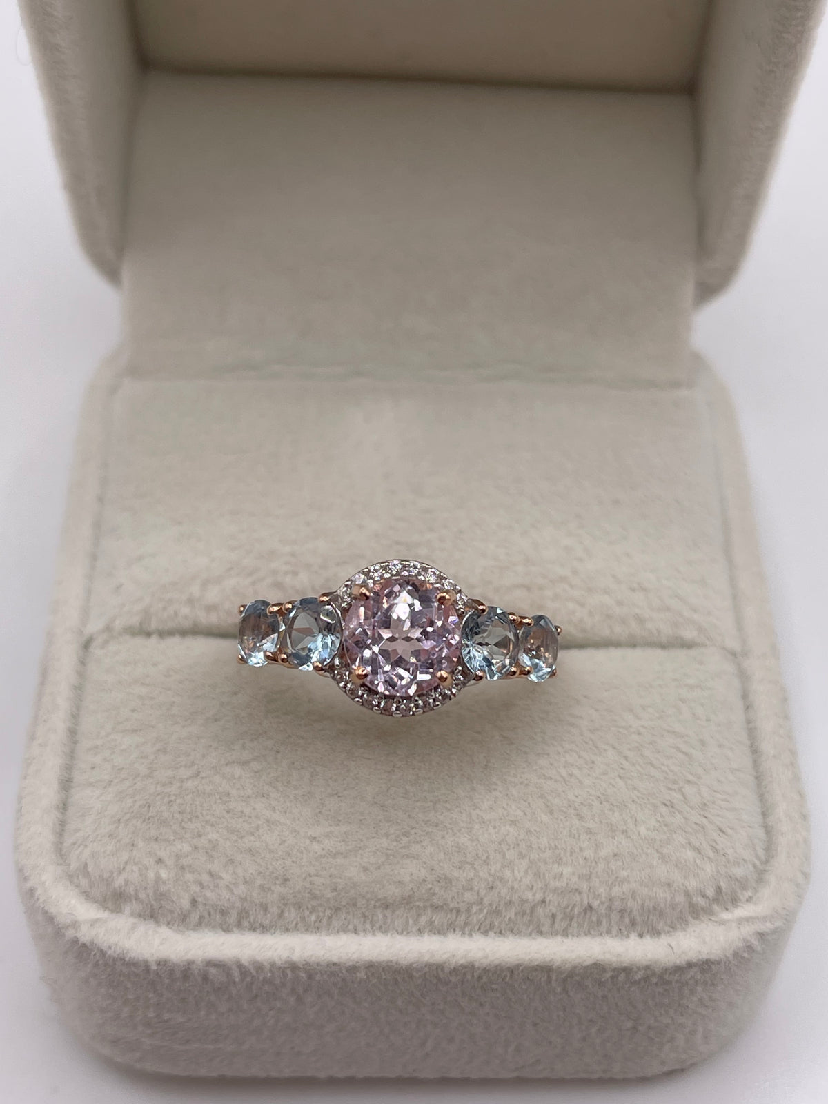 9ct rose gold kunzite, aquamarine and zircon ring