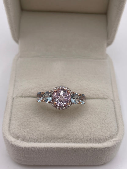 9ct rose gold kunzite, aquamarine and zircon ring