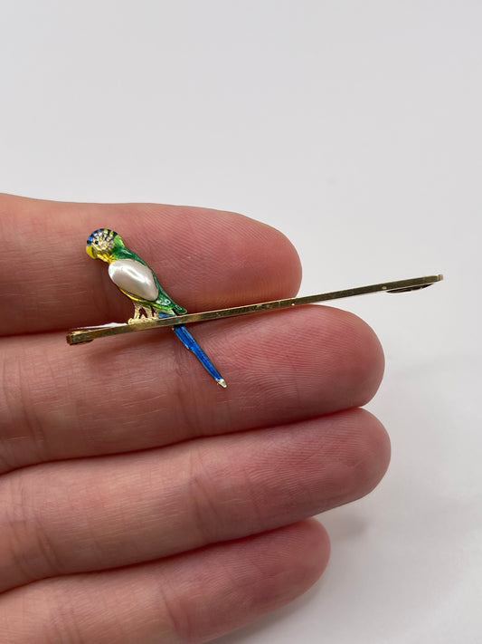 Antique 15ct gold pearl and enamel parrot brooch