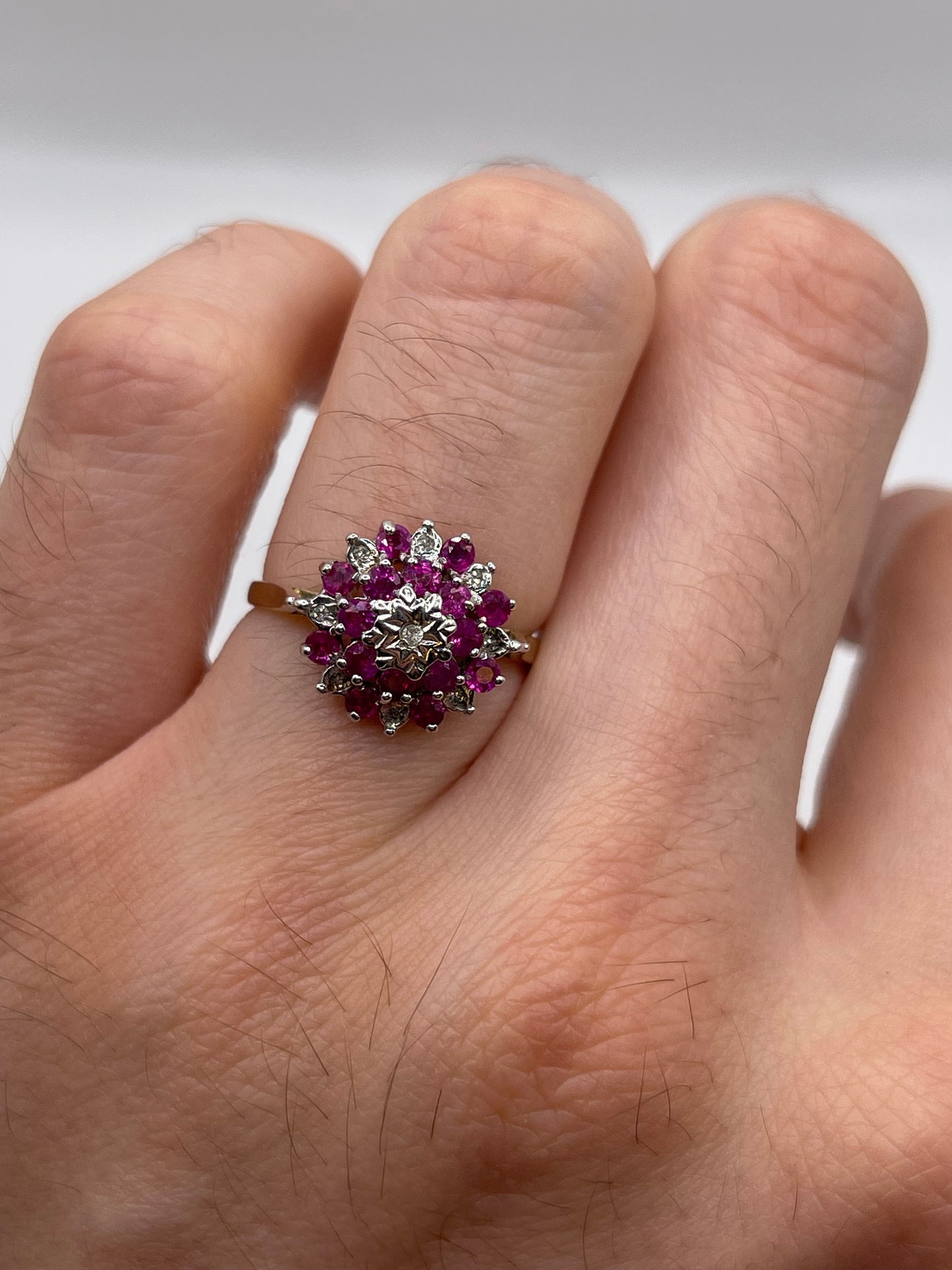 9ct gold ruby and diamond cluster ring