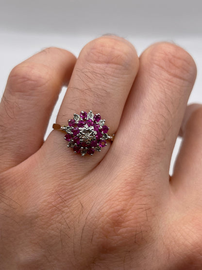 9ct gold ruby and diamond cluster ring