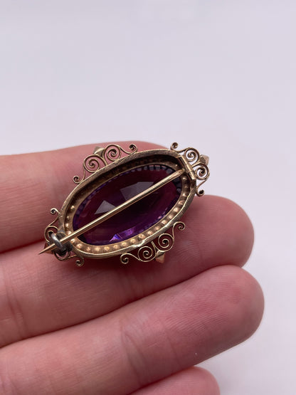 Antique 9ct gold amethyst and pearl brooch