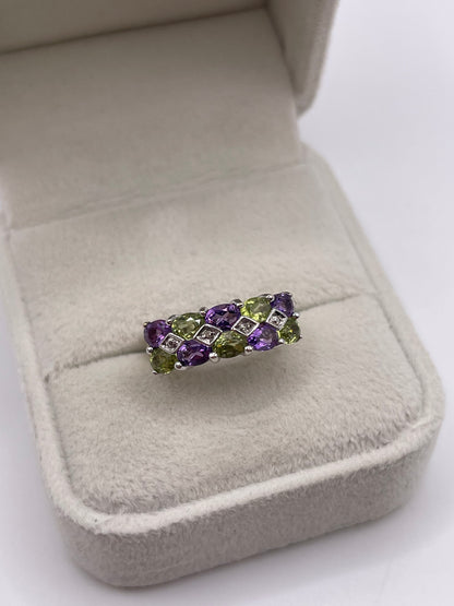 9ct gold amethyst, peridot and diamond ring
