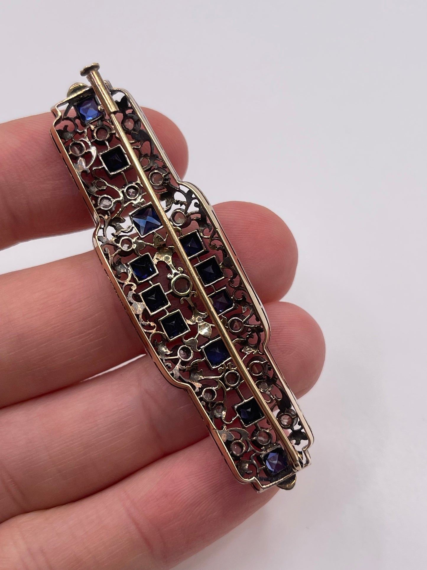 9ct gold synthetic sapphire and diamond brooch