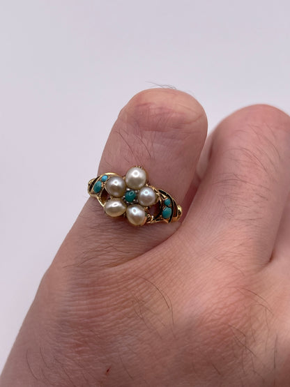 Antique 18ct gold pearl and turquoise locket back ring