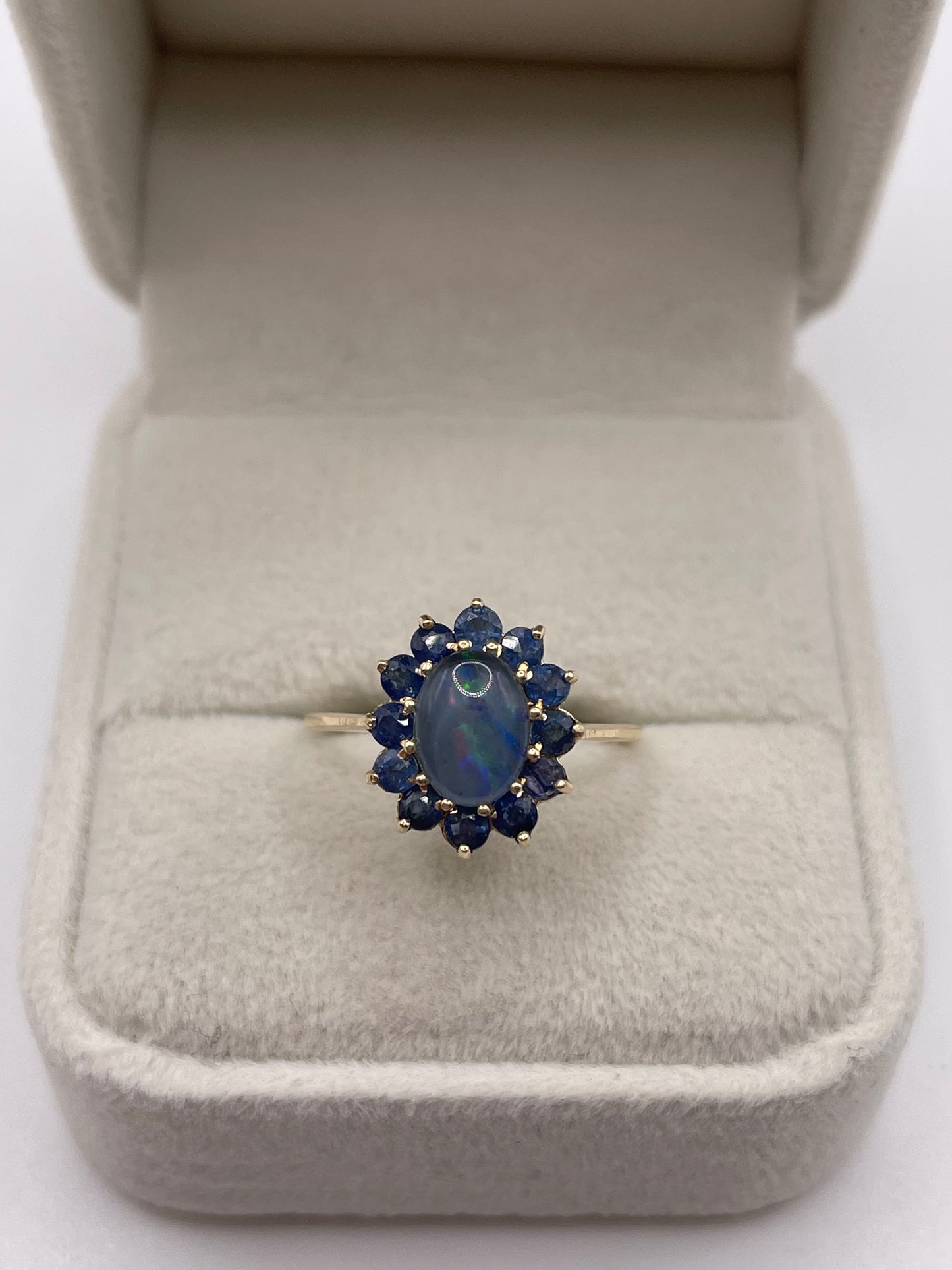 9ct gold black opal triplet and sapphire ring
