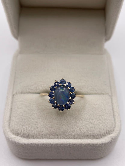 9ct gold black opal triplet and sapphire ring