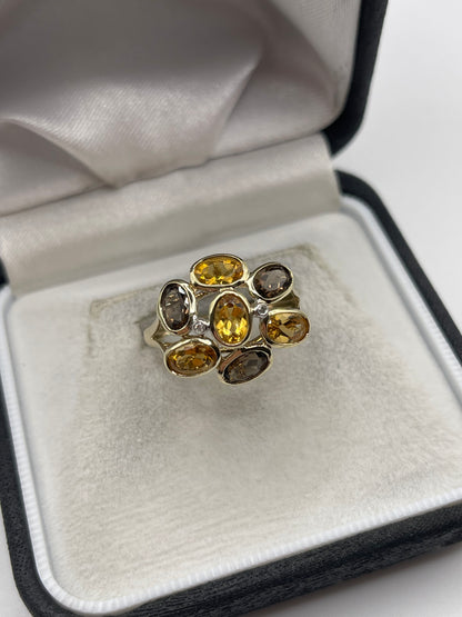 9ct gold citrine, Smokey quartz and diamond ring