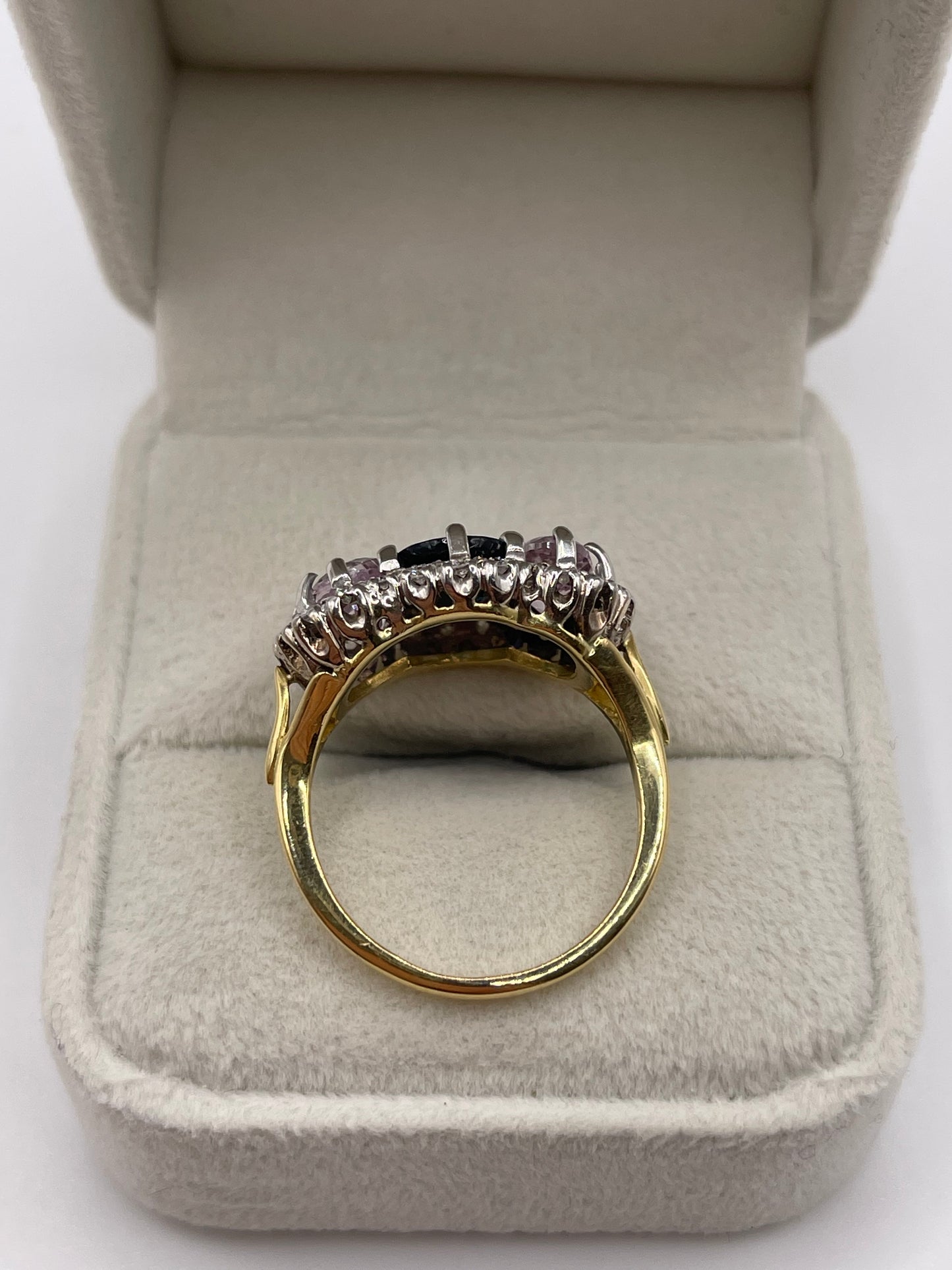 18ct gold sapphire, kunzite and diamond ring