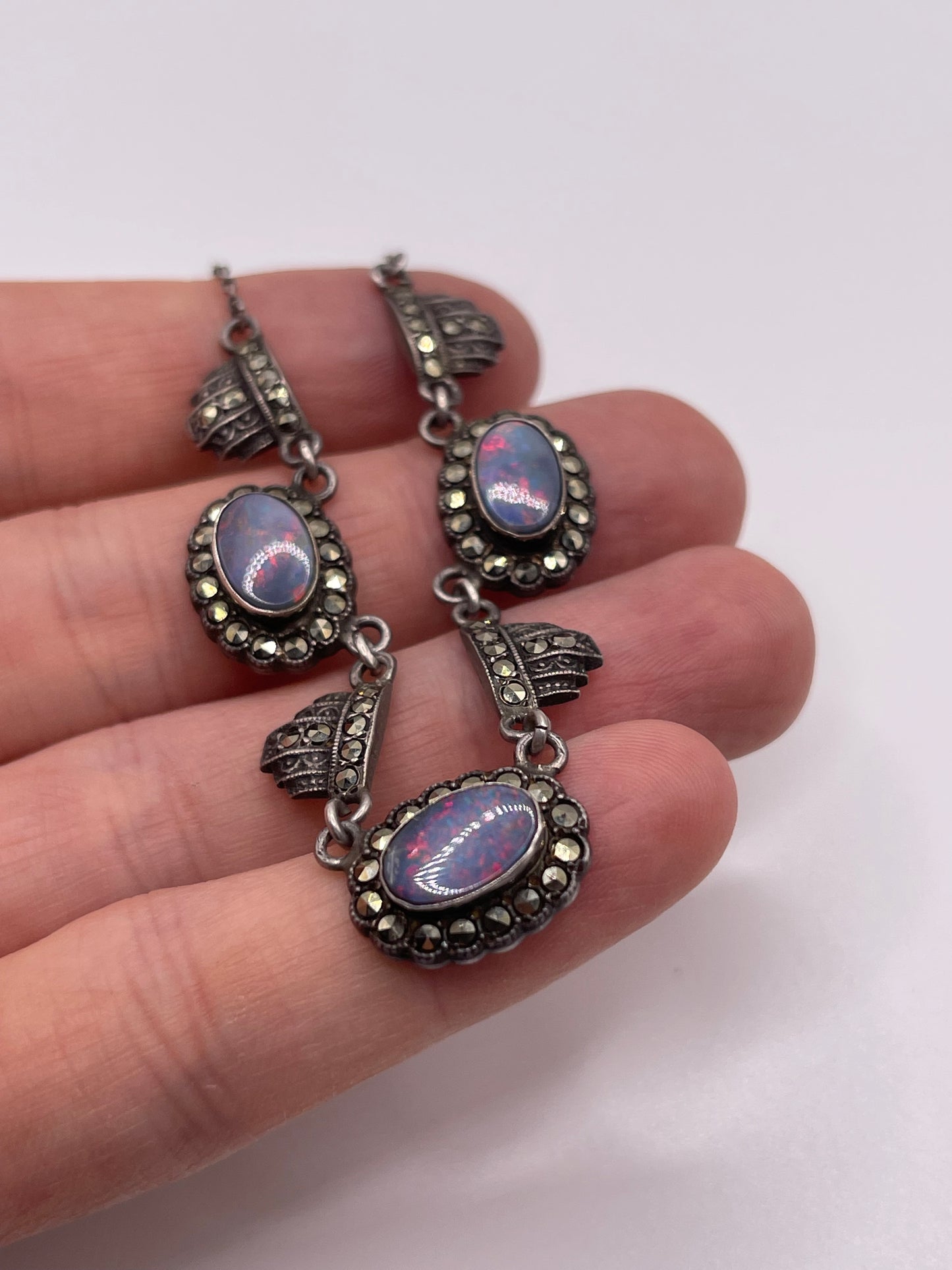 Silver black opal and marcasite necklace