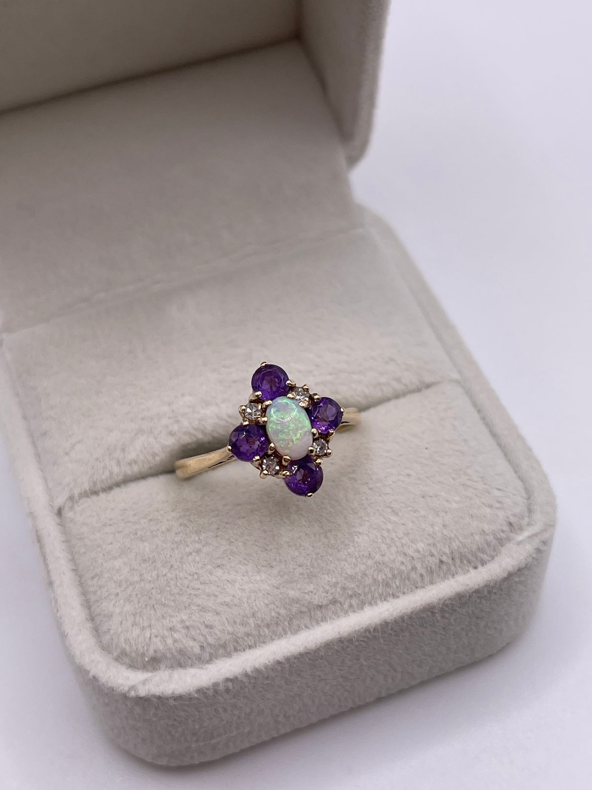 9ct gold opal, amethyst and diamond ring