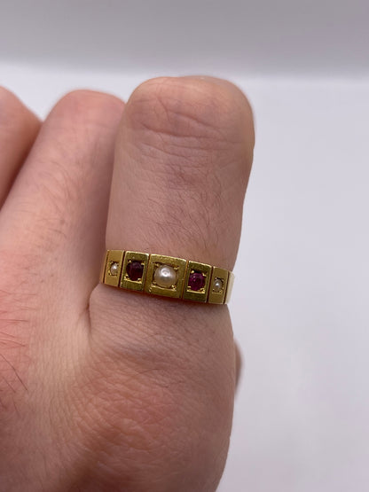 Antique 18ct gold ruby and pearl ring
