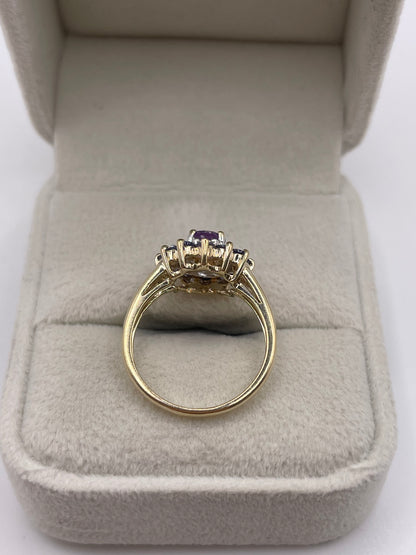 9ct gold amethyst, tanzanite and diamond cluster ring
