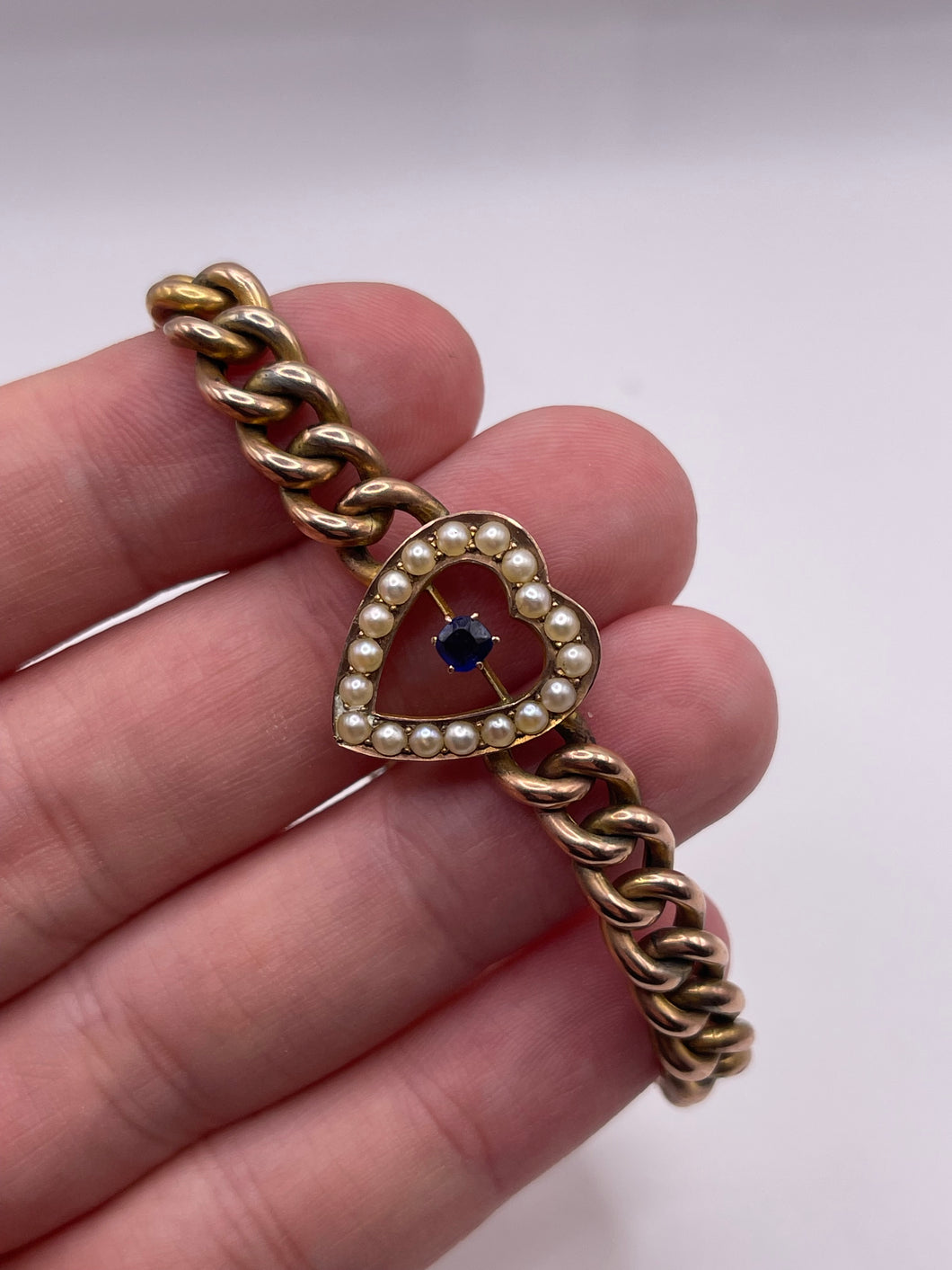 Antique 9ct rose gold sapphire and pearl heart bracelet