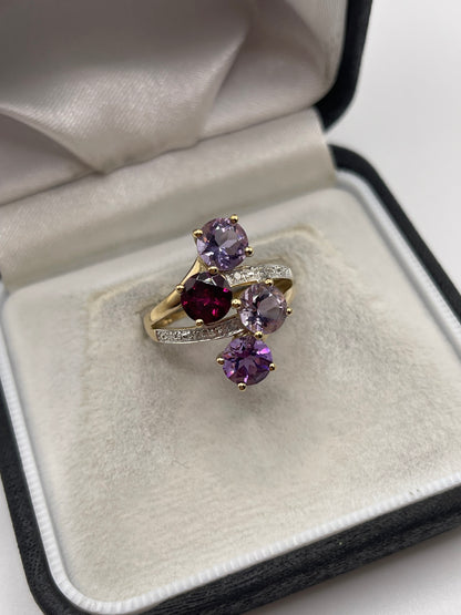 9ct gold garnet, amethyst and diamond ring