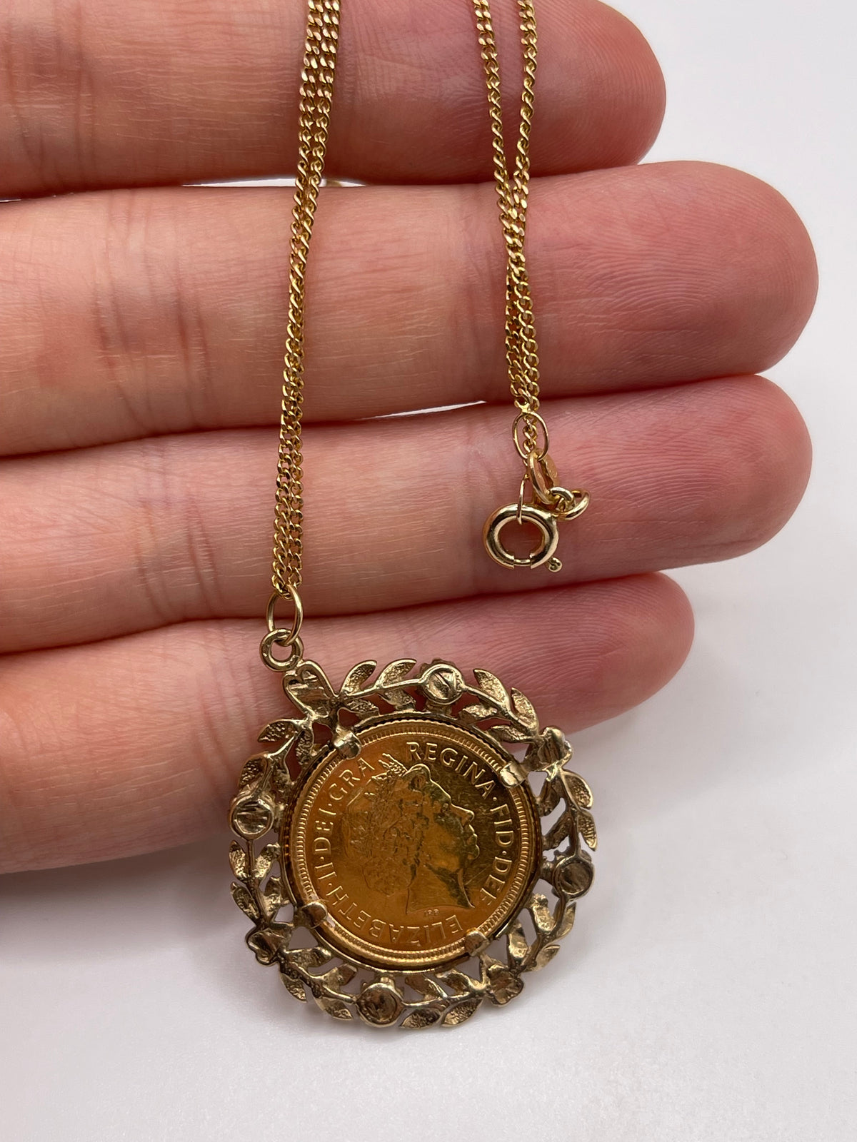 9ct gold diamond 1/2 sovereign necklace