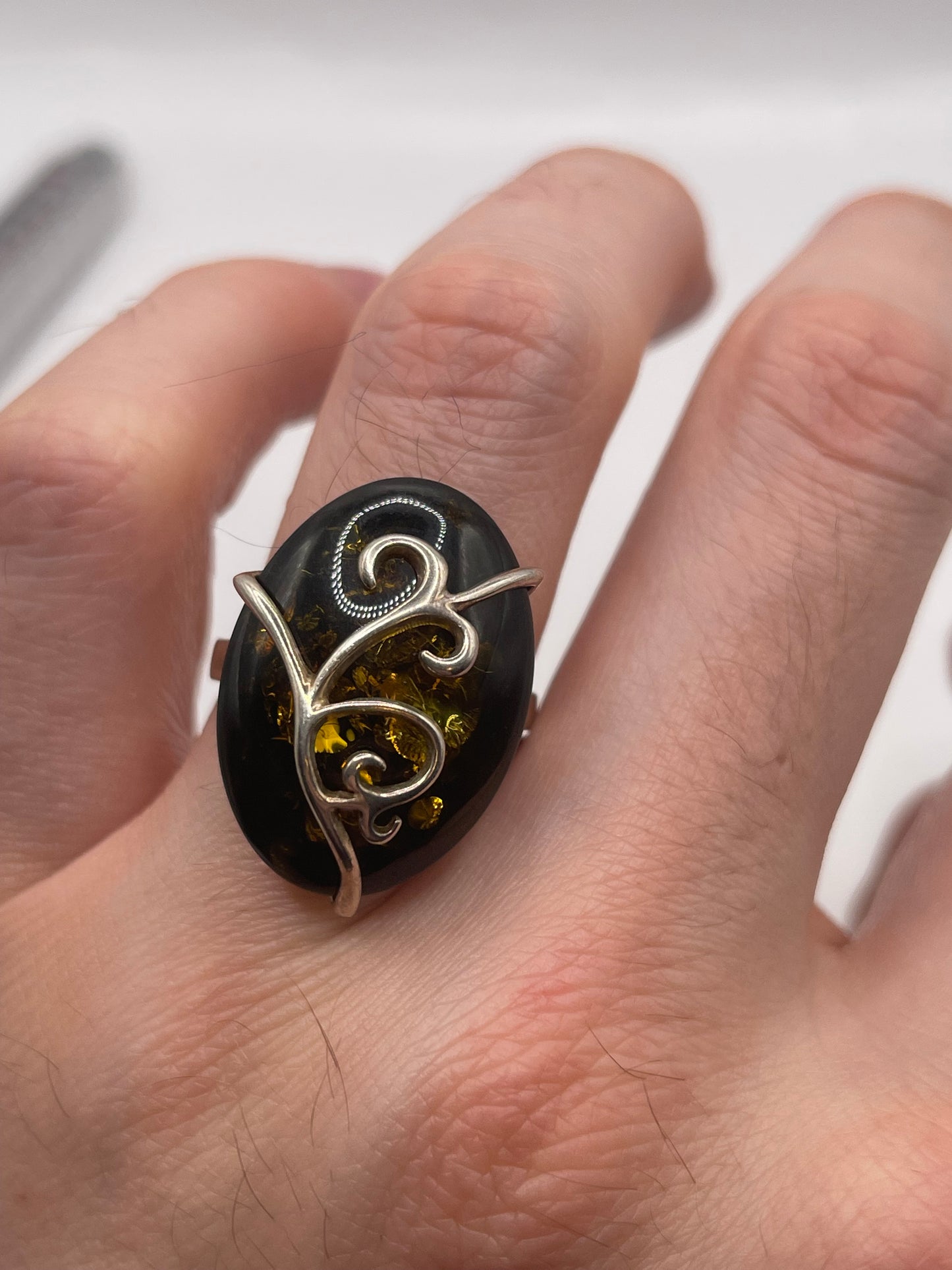 Silver amber ring